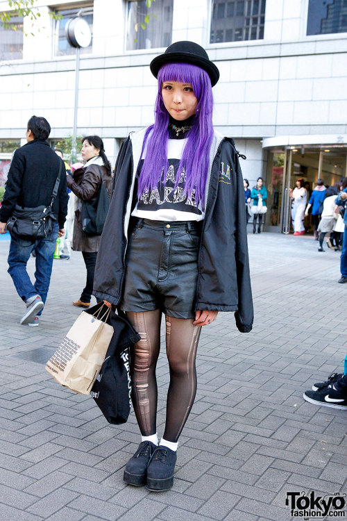 16-year-old Ketsumo w/ purple hair, faux leather shorts &amp; Bubbles Harajuku accessories.