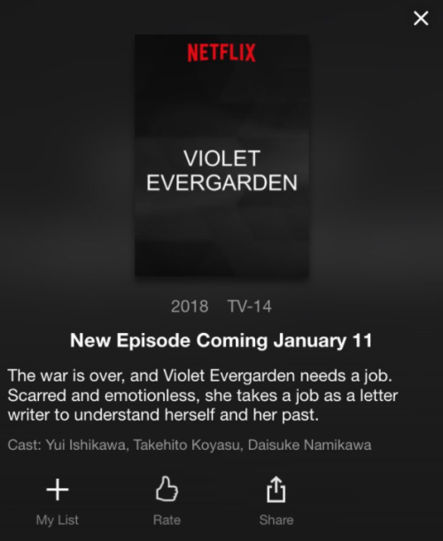 violettergarden: Netflix is going to simulcast Violet Evergarden on 11 January. OMG Netflix! 