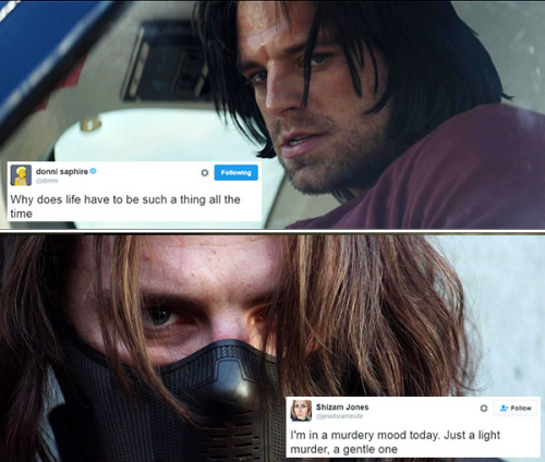 livebloggingmydescentintomadness:tweet meme: bucky barnes edition