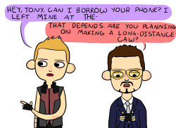 deanwinchester-thedisneyprincess:  kaitlyncreates:  Tony likes to make bird puns at Hawkeye.  cherpes 