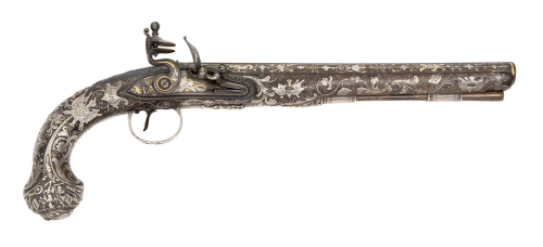 A fine and rare presentation quality silver mounted flintlock pistol.  Crafted by Michael Barnett of