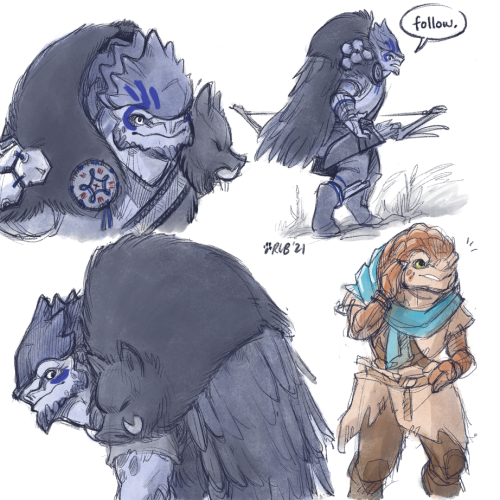 More Mass Effect/HZD crossover doodles, this time featuring krogan!Rost. And a little Aloy whelp, as