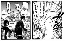 robot-sharks:  Remember when Eren used a sick burn on Jean that made Reiner laugh so hard he snot-rocketed his beverage all over Armin????  This isn’t nearly as talked about as it should be 