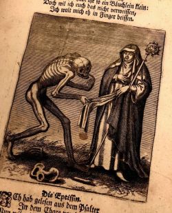 rubensteinlibrary:This engraving sure makes us feel a little closer to Halloween! It comes from the 1725 edition of “Todten-Tantz,” or Dance of Death. A common allegory in Christian Europe, the Dance of Death was meant to serve as a reminder that