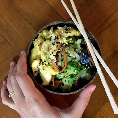 Stir fried veggies + egg with coconut aminos + sesame seeds