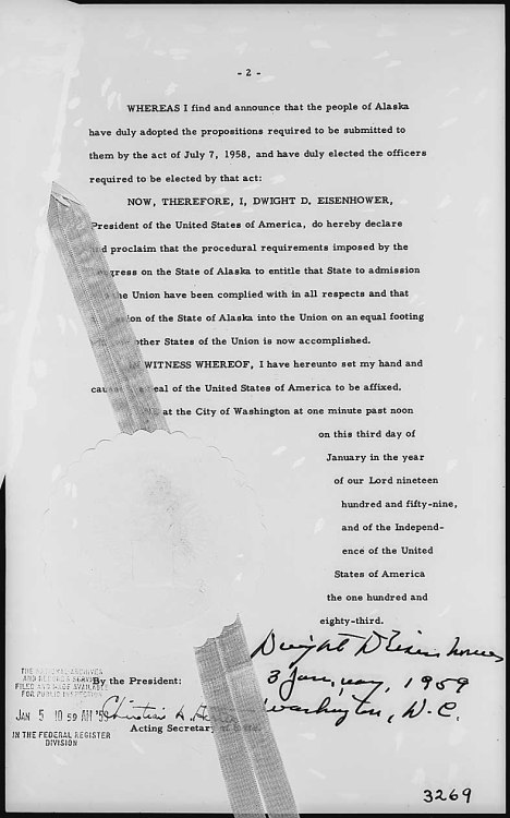 Welcome to the Union, Alaska!
“  Presidential Proclamation 3269 of January 3, 1959, by President Dwight D. Eisenhower admitting the State of Alaska into the Union., 01/03/1959
”
Did you miss our Alaskan photoset from last year’s anniversary?