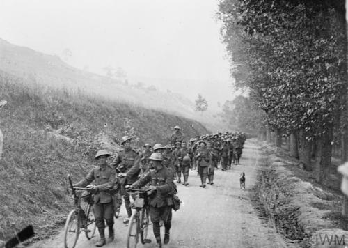 British infantry on the Vaux road, 1916.