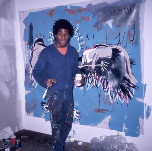 twixnmix:Jean-Michel Basquiat painting untitled (Fallen Angel) in the basement of Annina Nosei’s gal
