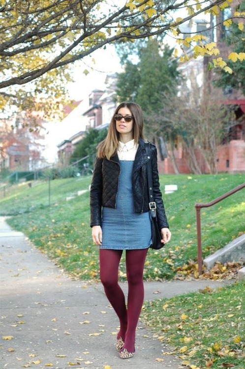 Denim dress and burgundy tights