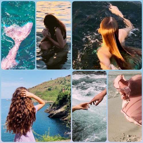 ID: A six images aesthetic of Giselle and Megara from Disney.  The first three are a picture of the ocean with a pink mermaid tail showing, a couple of women swimming and hugging, and a ginger girl with long hair swimming.  The next three pics are a brunette girl with curly hair standing in front of the ocean, two hands reaching and touching with the water in the background and a delicate looking dress flowing while the person wearing it walks on the beach.  END ID.