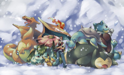 sinnohgirl:  今日も挑戦者なし by イーブイ松本  Lapras, pikachu, how &lsquo;bout you bury yourselves in the snow and stay there?