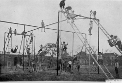 sixpenceee:  School playground equipment in the year 1900. Those were simpler times. (Source)  Looks like a kid is already falling to his death