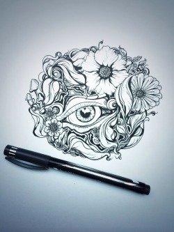 Pineconescribbles:  Circular Floral Design (¿Maybe A Cute Thigh Piece?) Ink On Heavy-Weight