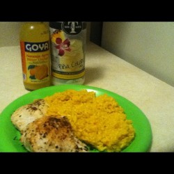 Spanish inspired dinners for one- Orange marinade chicken, yellow rice and Virgin piña colada. In love with myself.  (at Edge Castle )