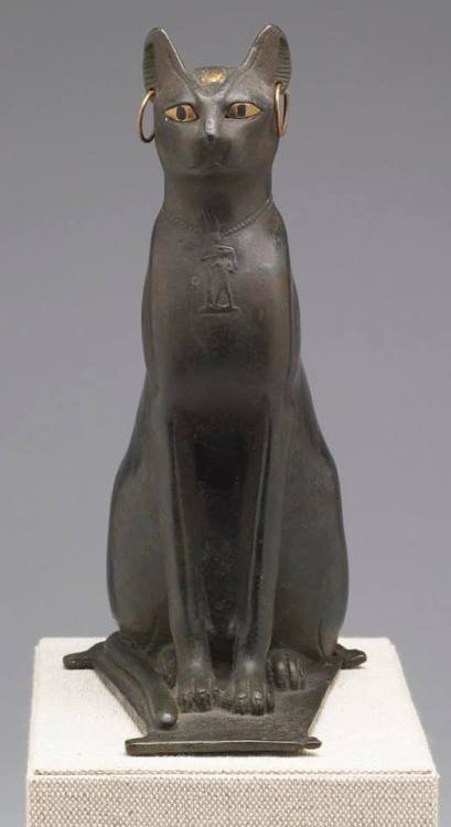 amntenofre: statuette of the Goddess Bastet in Her form of sacred cat, with a golden scarab (sacred 
