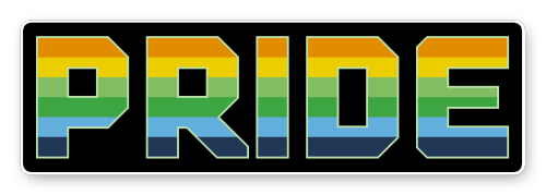 [image description: four block text banners of the word “pride” in a squared-off text, coloured in f