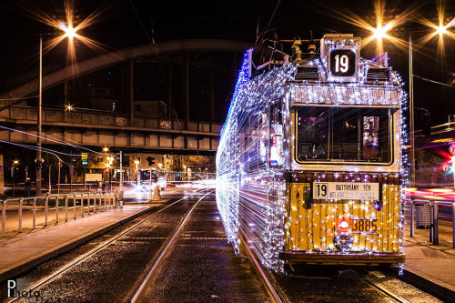 archiemcphee:  Each year during the Christmas season in Budapest, Hungary the city trams are each decorated with over 30,000 bright, twinkling LED lights.  “The tradition began in 2009 and has been a hit with passengers ever since. The lit up trams