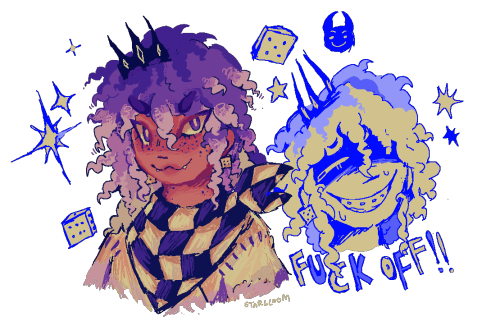 a digital drawing of kokichi ouma. he smiles and looks idly to the side. he is drawn with darker skin than canon and has a black crown and freckles. a simpler version of him to the right grins with a shadowed face. stars and dice are scattered around him. text reads "fuck off!" in bubble text