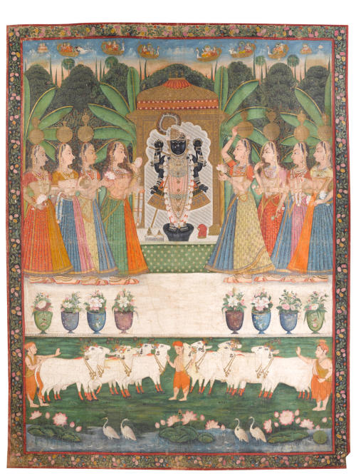 A pichhawai of the worship of Dvarkadhishji by the gopis, Rajasthan