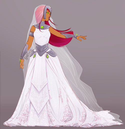 nanihoosartblog: A new redraw of Starfire’s wedding dress from “Betrothed”(with a bedazzled versionlol, and the idea that it’s made from a Tamaranean   cloth that also glows in the dark idk) O oO <3