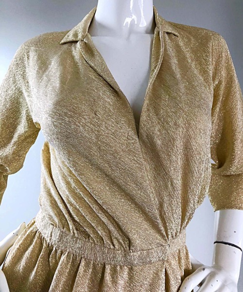 Halston 1970s Gold Metallic Silk Lurex Couture Vintage Disco Wrap Shirt Dress