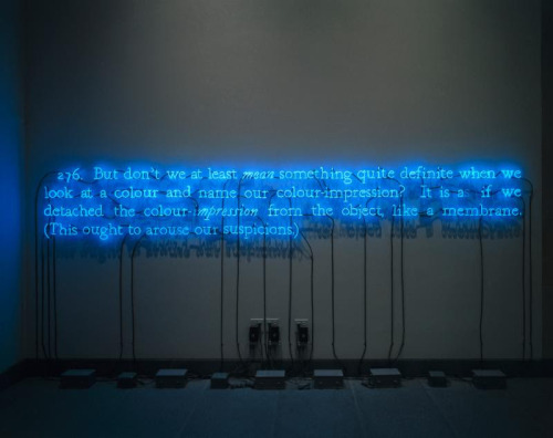 276 (On Color Blue), 1993. Neon tubing, transformer, and electrical wires, 30 x 162 in.Joseph Kosuth