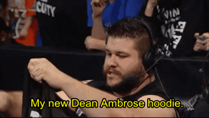 12roundsofambrose:  sethdeanromangifs:  Kevin Owens gets an unexpected present. 