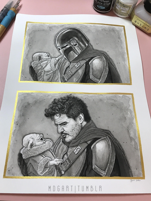  In observance of #MayThe4th, sharing with you guys some recent inky Mando and Mando and Grogu portr