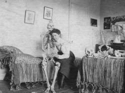 debris-de-reves:  Skeleton Hugging Woman  , 1890s .  Women medical students posing with skeletons and bones at the Womens Medical College of Philadelphia and possibly the Cornell Medical school.Date:ca. 1895-1898Via Harvard Library  