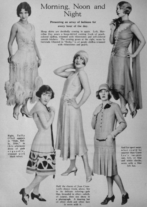 misskayonyx:  Marceline Day, Gertude Olmstead, Gwen Lee, Sally O'Neil, Joan Crawford modeling dresses in “Photoplay Magazine” June 1927.