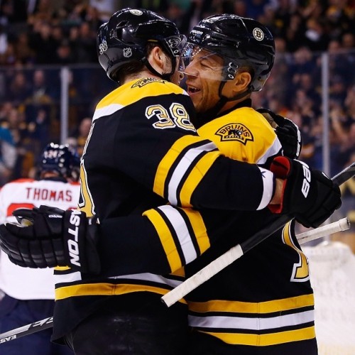 Jordan Caron gives Jarome Iginla a big hug after he assisted on Iggy’s 19th goal of the year. #NHLBruins
