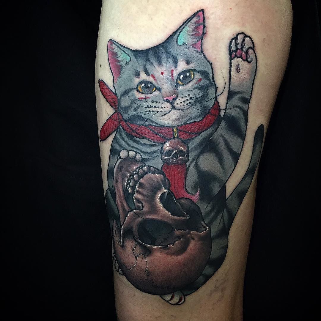 finished lucky cat tattoo on rossanas leg at #horimono #irezumi #japanese # tattoo #tebori #art #ilikehorimono #japan #japanesetattoo #tattoos i like  horimono. @ilikehorimono