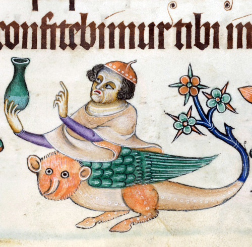 half-flower-tailed-hoofed-owl doctor holding urine flask and performing uroscopyLuttrell Psalter, En