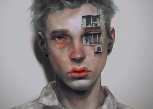 asylum-art:Xhxix ArtArtist on TumblrXhxix is a Japanese illustrator based in Tokyo. “Painting” all of his images digitally on the computer, Xhxix creates haunting technicolor portraits of men with sullen gazes, dripping skin, and bloodshot eyes.