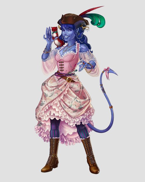 Jester Lavorre in a pink corset and a ruffled floral skirt. She wears a pirate hat with a feather and has Sprinkle on her shoulder.