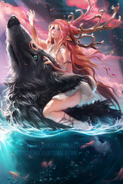 sakimichan:   I wanted to paint something with a giant ‪wolf‬ in there XD and this was the outcome ^_^;;;PSD+high res,steps,vidprocess etc&gt;https://www.patreon.com/posts/wolf-and-deer-34-5410814  