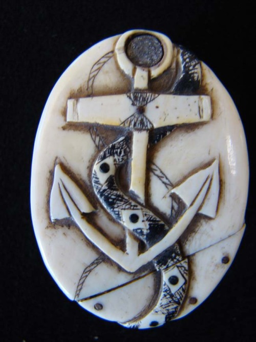 Ship Captain&rsquo;s Ivory Snuff Box circa 1840 The lid features a fouled anchor entwined by a serpe