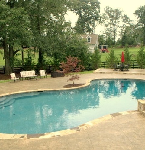 Traditional Pool In AtlantaLarge Elegant Pool House With Stamped Concrete Patio In The Backyard