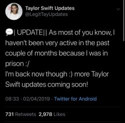 violaslayvis:  masshysterisminanothersituation:  deadg1rls:  cocainesocialist: hero  only valid taylor swift fan     This note is from February. She’s not in prison anymore. She was released today. 