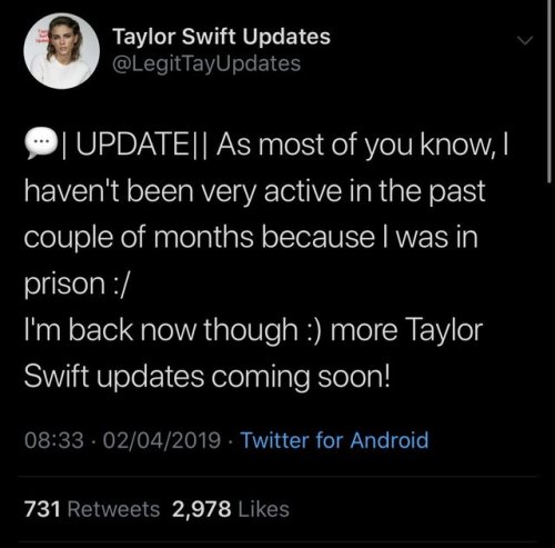 violaslayvis:  masshysterisminanothersituation:  deadg1rls:  cocainesocialist: hero  only valid taylor swift fan     This note is from February. She’s not in prison anymore. She was released today. 