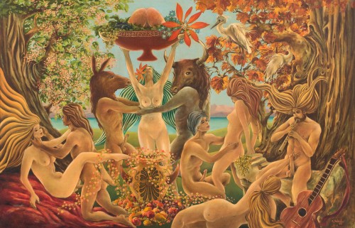 Cai Selander & Karin Sverenius Holm — Bacchanalia  (oil on wood panel, 1972)