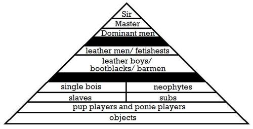 bootsprivate:  the BDSM/Leather Community Dominance Pryamid Sirs, Masters, Dominant Men Leather men and fetishests, Leather boys bootblacks and barmen single boys and neophytes, slaves and subs, pup players and ponie players, objects in that order and