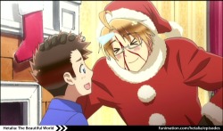 hetaliaofficial:  Sneak peek screenshots of Friday’s episode (13) of Hetalia: The Beautiful World, Last week was Halloween, so of course this week has to be Christmas! A bloody Santa? America, you’re so weird sometimes. (3PM/2PM Central on April 19!)
