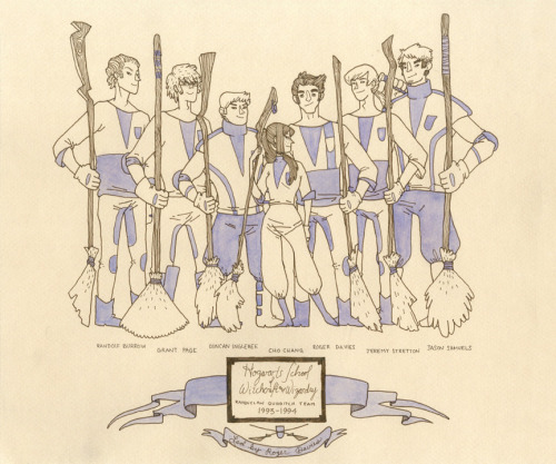 moonyblack:fyeahchochang:quidditch teams by dollei love how ravenclaw’s all sly, and gryffindor is v