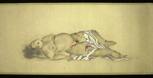 iheartmyart:  Kobayashi Eitaku, Japanese silk handscroll. Circa 1887. “The scroll shows the stages of decompostion of womans body, beginning with her fully clothed body and ending with her bones being eaten by dogs. The subject is an ancient Buddhist