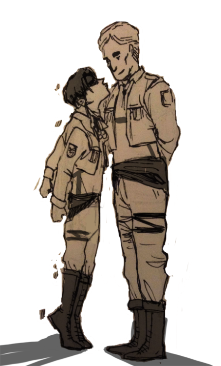 jen-suis:   “ja ci kurwa dam hop”  so mar wanted “LEVI ON HIS TIPTOES TRYING TO SMOOCH ERWIN BUT ERWIN JOKINGLY RAISES ON HIS OWN TIPTOES UPSETTING LEVI ” so um who am i to deny old men yaoi to mar