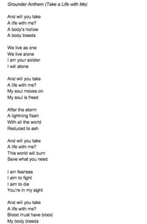 heda-princesswarrior: Grounder Anthem Lyrics in English via @JRothenbergTV Twitter