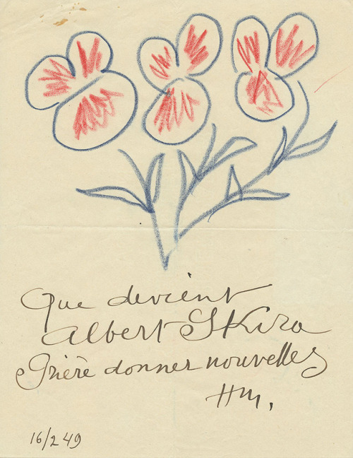 Henri Matisse (1869–1954). Autograph note signed with initials, to Albert Skira, Nice, 16 February 1
