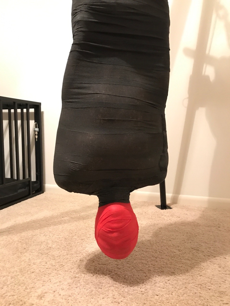 mustluvbondage:@pup-astro and our first attempt at a upside down suspended mummify