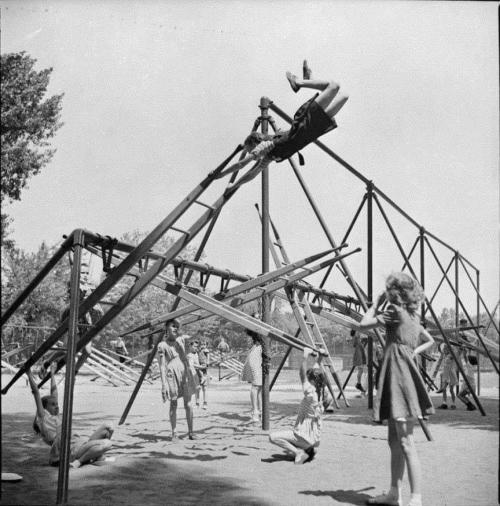 blondebrainpower:A playground in Montreal, 1950′s